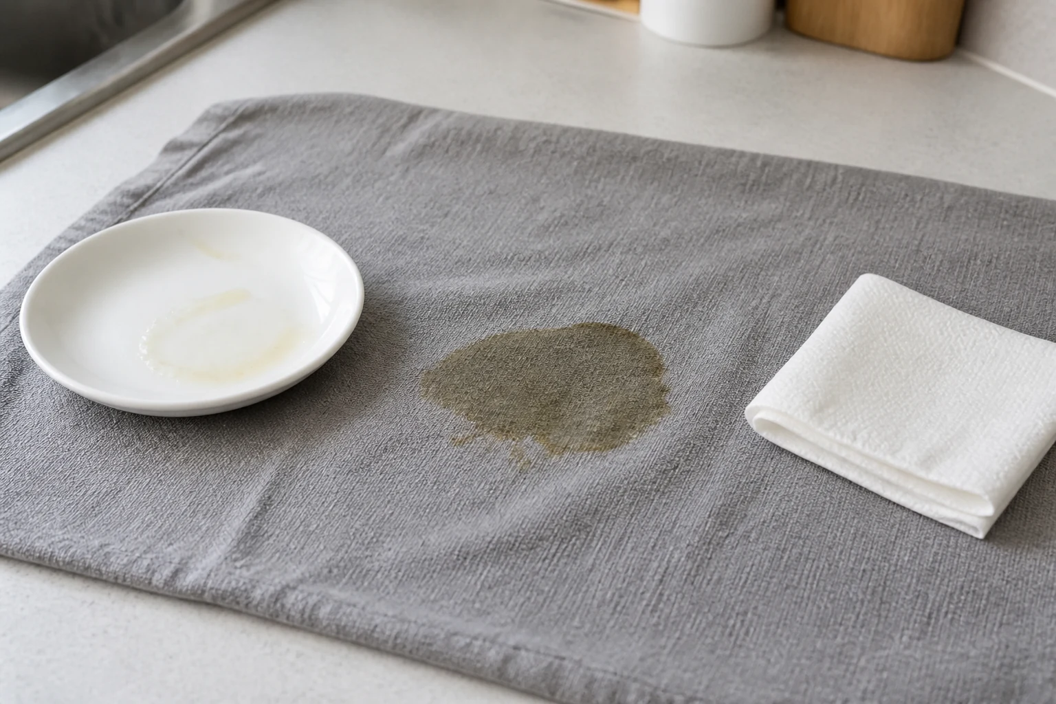 A translucent cooking grease mark on a grey woven tea towel beside a plain white plate and folded absorbent cloth.