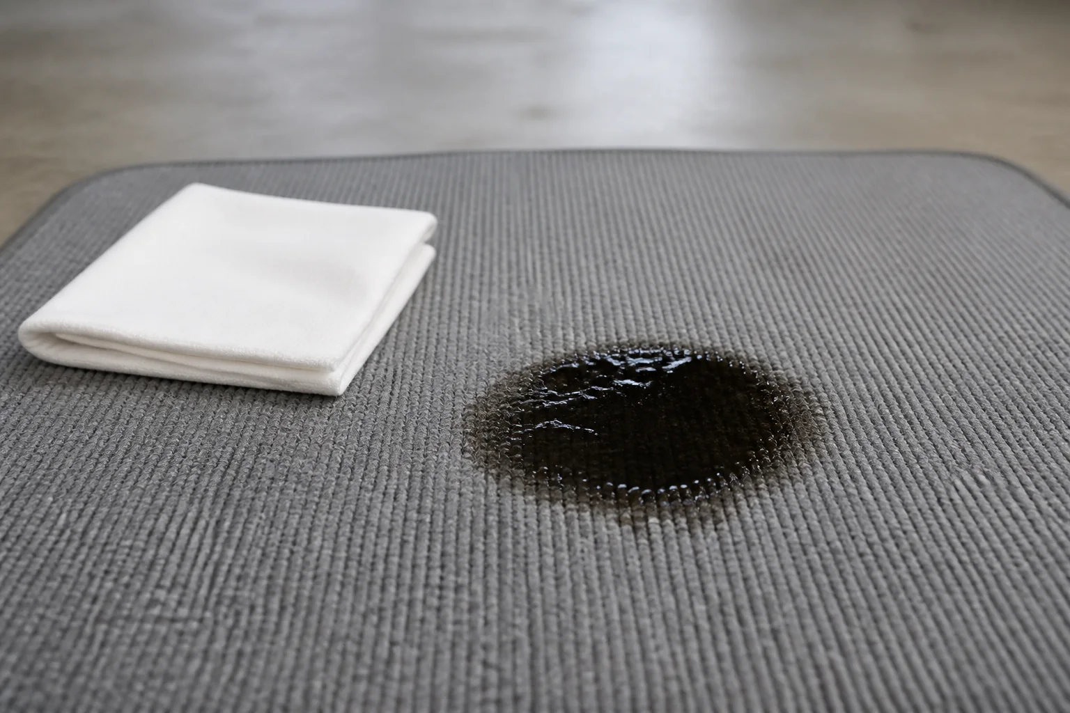 A small dark motor-oil spill on a grey woven car mat beside a folded white absorbent cloth.